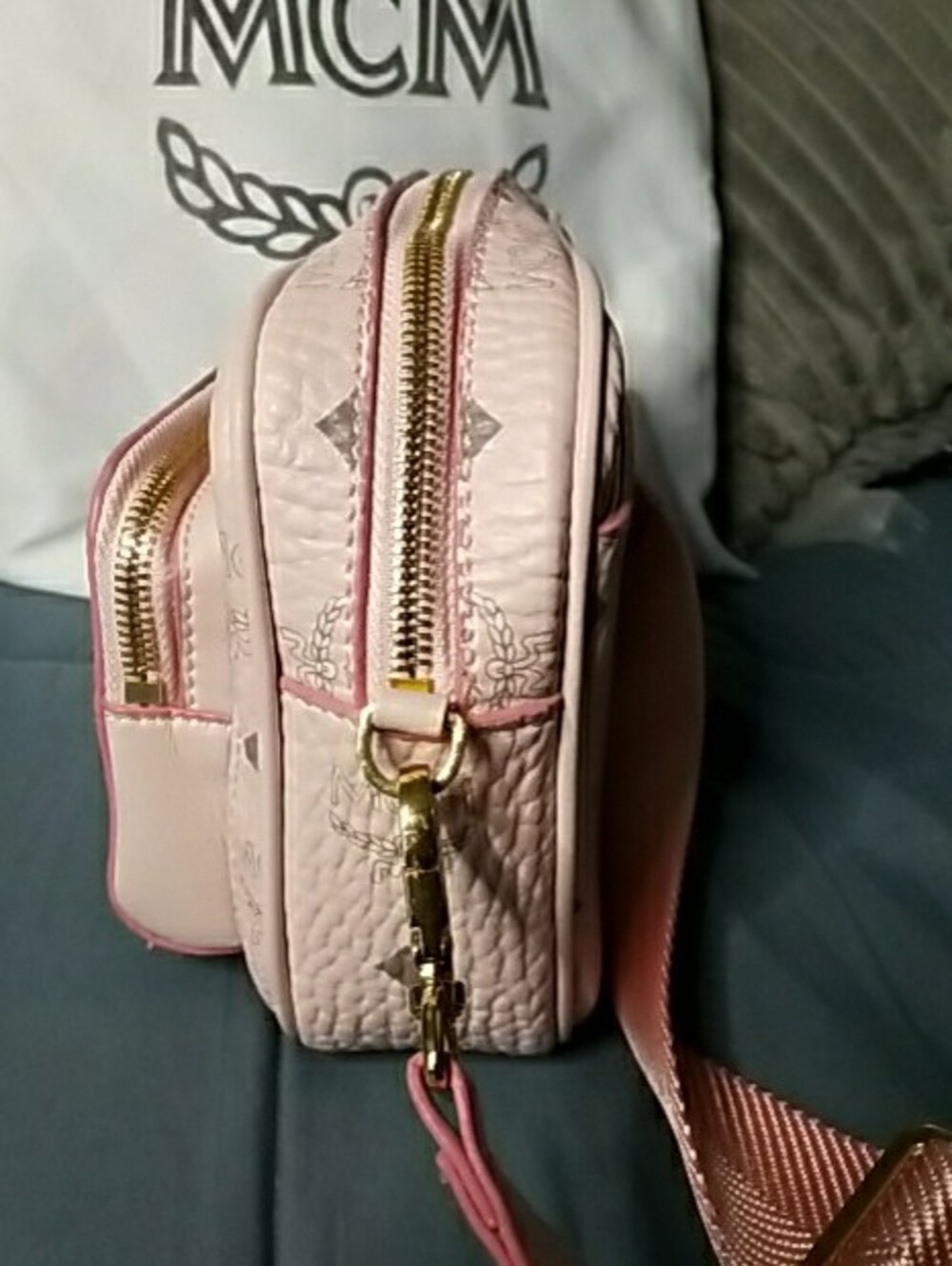 MCM Pale Pink Logo Crossbody Camera Bag with Gold Plaque - Picture 4 of 13
